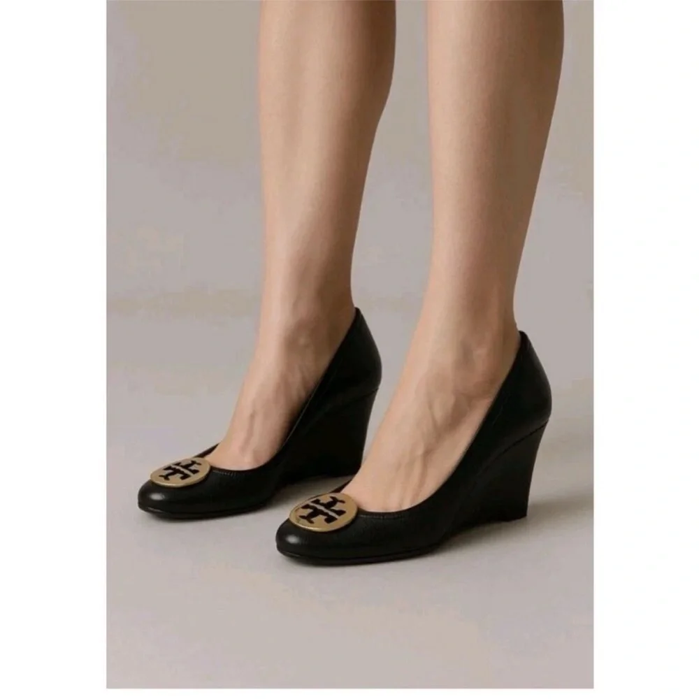 Tory Burch black wedge heel round toe gold logo 7